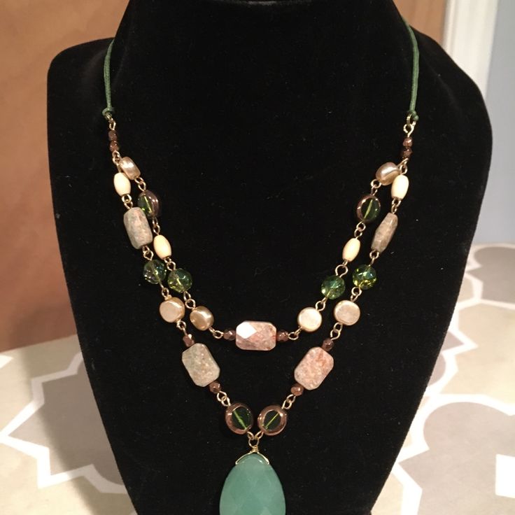 Two Tiered Stone, Fresh Water Pearls And Glass Beads. Large Faceted Green Stone Drop. Measures 16 Inches With A 2 1/2 Inch Extender. Large Bead Necklace, Multi Chain Necklace, Lampwork Jewelry, Blue Charm, Necklace Ideas, Orange Crystals, Jewelry Stone, Fresh Water Pearls, Lia Sophia