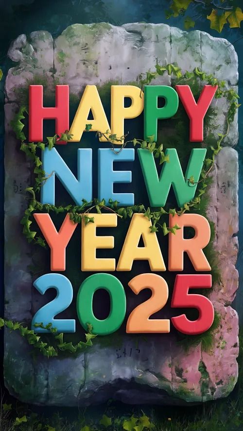 the happy new year 2055 is written in colorful letters on top of a rock