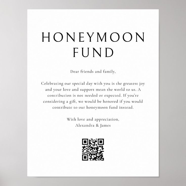 a white poster with the words honeymoon fund on it