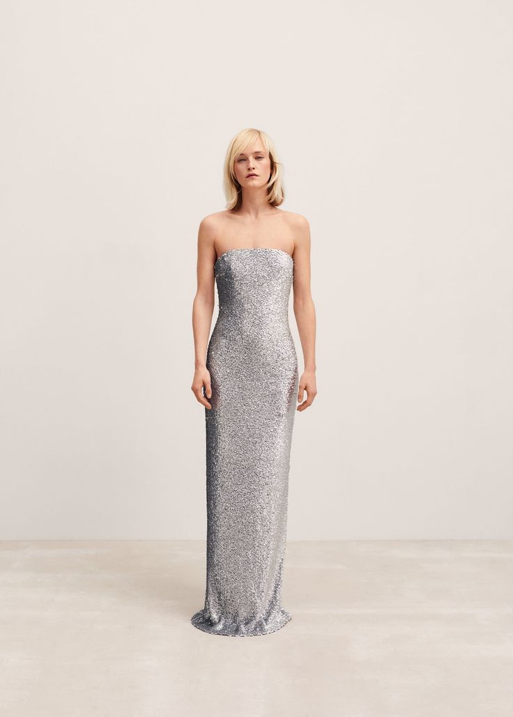 Strapless sequined dress - Women | MANGO USA Extra Dresses, Strapless Sequin Dress, Mango Dress, Sequined Dress, Dress Sequin, Tailored Design, Tailored Dress, Sequin Fabric, Color Plata