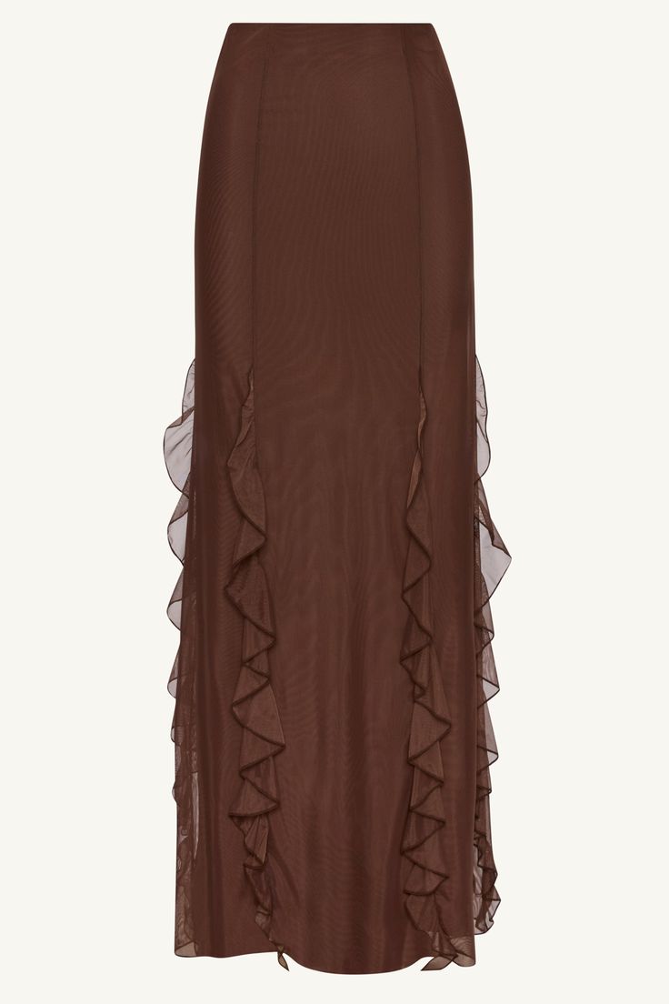 Indulge in the exquisite elegance of the Adriana Waterfall Mesh Maxi Skirt in Brown. Crafted from delicate mesh fabric, this skirt features a cascading waterfall ruffle detail and flattering princess seams. Perfect for making a sophisticated statement at any event or occasion. Model is 5'7" and is wearing size S/44". Please note this garment runs tight. We kindly recommend choosing one size up from your usual size. Luxury Tiered Skirt Midi Dress For Daywear, Long Light Brown Skirt, Cute Skirt Long, Maxi Skirt Shoes, Feminine Maxi Skirt, Long Skirt With Ruffles, Maxi Ruffle Skirt, Long Skirt Elegant, Cascade Skirt