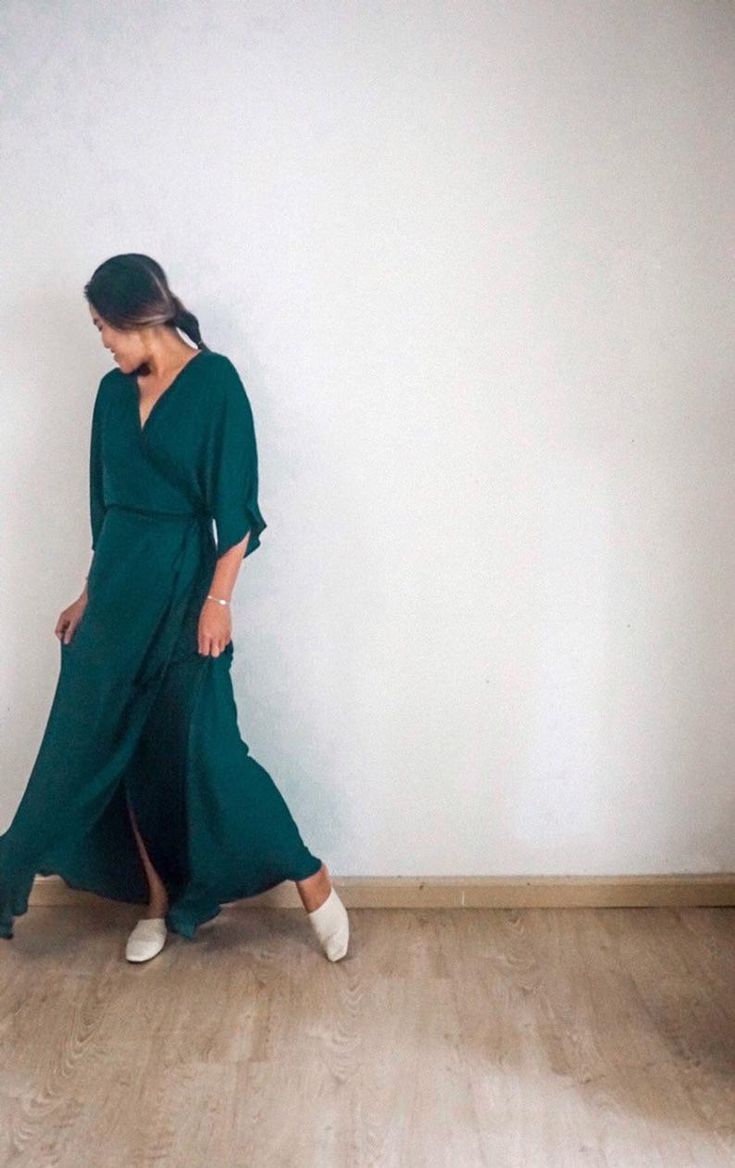 Lily Hunter Minimalist Dress Simple Wedding Dress Wrap | Etsy Green Surplice Neckline Dress With Tie Waist, Green Dress With Tie Waist And Surplice Neckline, Elegant Green Flowy Wrap Dress, Flowy Belted Dresses For Brunch, Formal Belted Flowy Dress, Flowy Maxi Dress For Work, Elegant Green Wrap Dress With Tie Waist, Green Flowy Midi Dress With Surplice Neckline, Elegant Green Wrap Dress For Brunch