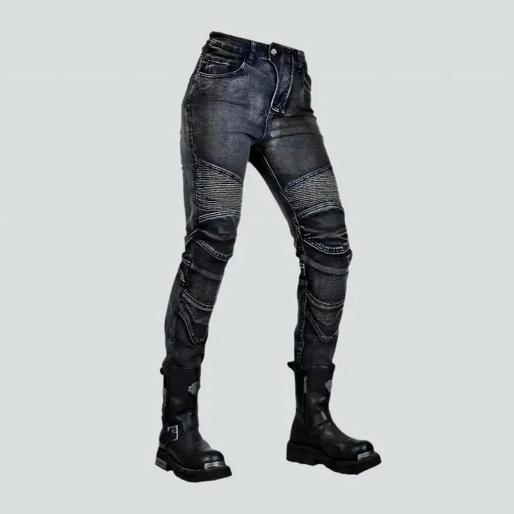 Introducing our mid-waist slim motorcycle jeans from the 2023 Autumn Collection, the perfect addition to your biker style wardrobe!Distinctive Features: Slim Fit: Patterned to hug your curves and provide a sleek, flattering silhouette, these jeans are a must-have for any fashion-forward biker. Stonewashed Finish: The unique stonewashed technique used on these jeans gives them a cool, edgy vibe, perfect for the biker aesthetic. Grey Color: The grey color of these jeans adds a modern touch, making them versatile enough to be worn with any outfit. Sanded Detailing: The sanded detailing on these jeans adds dimension and texture, giving them a worn-in and rugged look. Biker Style: These jeans are the epitome of biker style, with knee-pads and a slim cut that is both stylish and functional. Knee Aesthetic Grey, Motorcycle Jeans, Biker Aesthetic, Rugged Look, Autumn Collection, 2023 Autumn, Knee Pads, Biker Style, The Grey