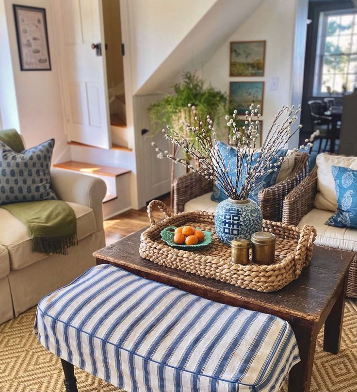 a living room filled with furniture and a tray on top of a wooden coffee table