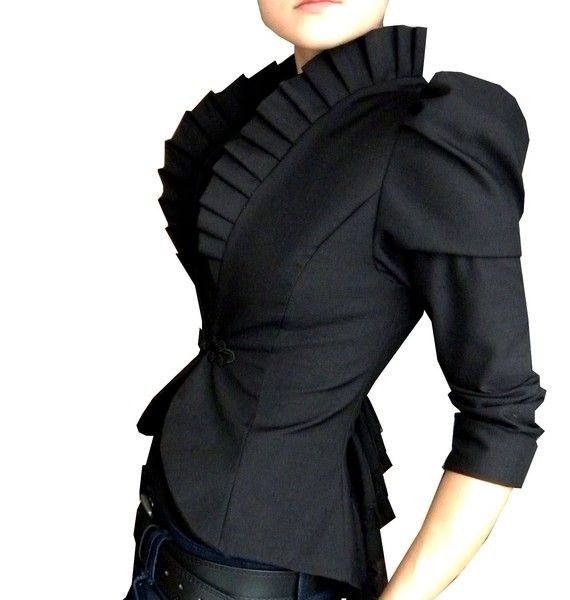 I.DIE. Chic Ruffled Blazer For Office, Chic Tailored Ruffle Blazer, Chic Tailored Blazer With Ruffles, Chic Evening Blazer With Ruffles, Chic Ruffled Blazer For Workwear, Chic Ruffled Blazer For Work, Fitted Ruffled Outerwear For Office, Fitted Long Sleeve Blazer With Ruffles, Fitted Long Sleeve Ruffled Blazer