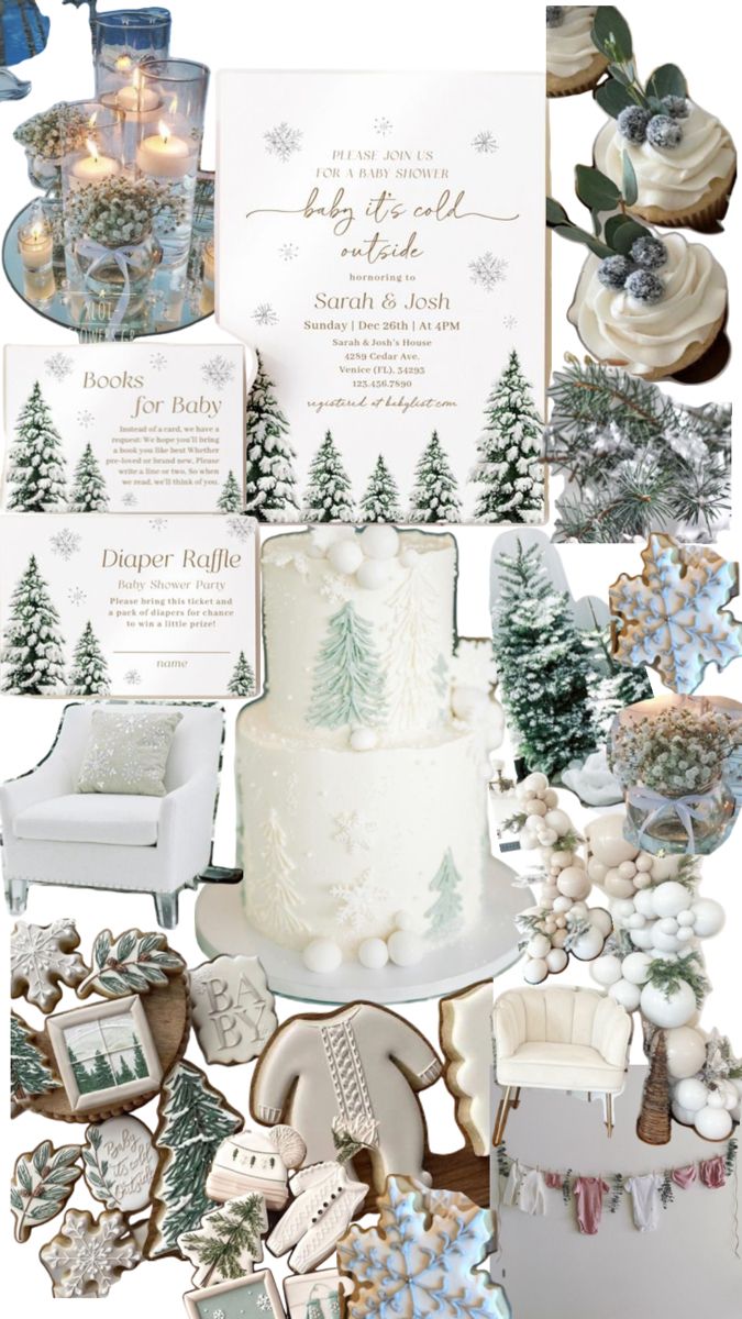 a collage of wedding and christmas themed items including a cake, cookies, candles, cards, and decorations