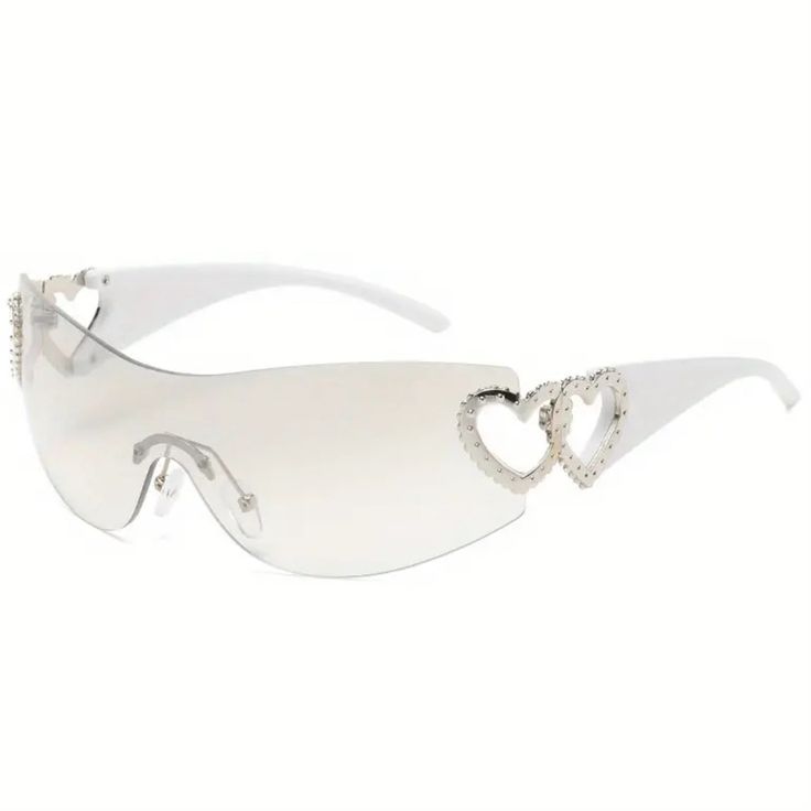 Silver & White One-Piece Gradient Lens Glasses Heart Design Hollow Temple Eyewear White Y2k Sunglasses, Mcbling Sunglasses, Y2k Wishlist, Kawaii Sunglasses, Y2k Glasses, Silver Glasses, White Glasses, Fake Glasses, Crystal Sunglasses