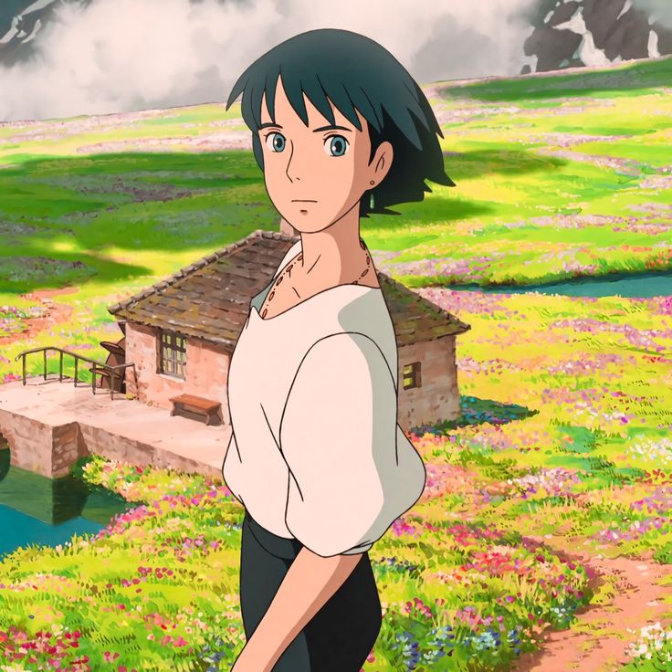 an anime character standing in front of a green field with flowers and mountains behind her