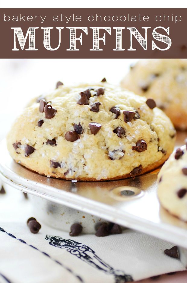 chocolate chip muffins on a tray with text overlay