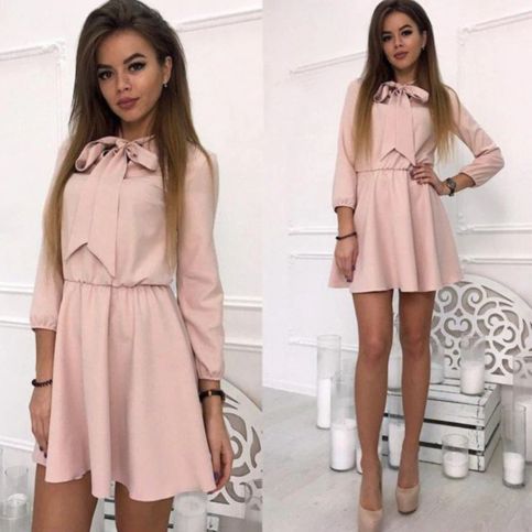 Elegant Long Sleeve Mini Dress with Bow sold by KoKo Fashion on Storenvy Office Lady Mini Length Dresses For Work, Summer Office Wear Mini Dress, Summer Mini Dress For Office Wear, Casual Pink Office Dress, Feminine Pink Mini Dress For Office, Pink Long Sleeve Office Dress, Pink Long Sleeve Dress For Office, Beige Long Sleeve Office Dress, Beige Long Sleeve Dress For Office