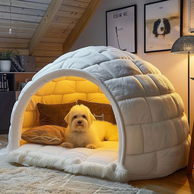 a white dog laying in an igloo with pillows on it's side