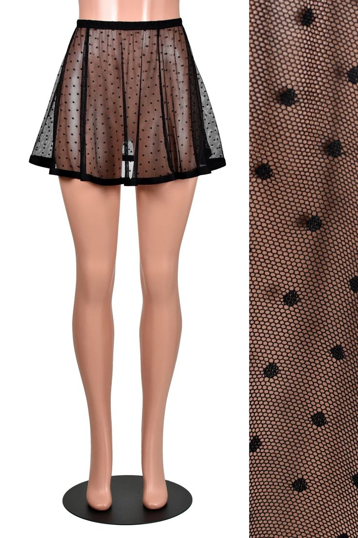 Mannequin wearing 14" long sheer flared black polkadot mesh micro mini skirt. Polkadots are about 1/4 inch wide and spaced about 1 inch apart. Sheer Mesh Mini Skirt, Black Mesh Mini Skirt For Night Out, Mesh Mini Skirt For Party, Party Mesh Mini Skirt, Party Mesh Skirt With Lined Detail, Fitted Mesh Skirt, Fitted Mesh Mini Skirt, Mesh Mini Skirt For Night Out, Fitted Stretch Black Sheer Skirt