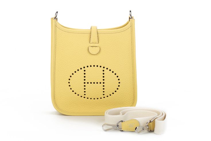 Hermès mini Evelyne shoulder bag in jaune poussin clemence leather with palladium hardware. off white shoulder strap. Never used. Dated "Z" for 2020. Shoulder drop, 22"L. Comes with original duster, box. Yellow Travel Shoulder Bag With Palladium Hardware, Luxury Yellow Bags With Silver-tone Hardware, Wardrobe Wishlist, Gift Accessories, Sale House, Purses Crossbody, Bags Handbags, Bag Accessories, Free Design