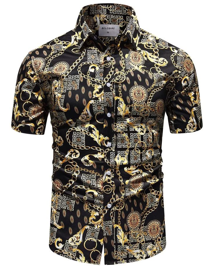 PRICES MAY VARY. 【Fabric】: Bolcguri luxury shirt men baroque design dress shirt, 96.1% Silky Polyester 3.9% Elastane Spandex, good quality, bright color, comfortable, breathable, lightweight, soft, skin-frindly. 【Design】: Men dress shirt short sleeve, button down collar, luxury black gold print, Famous designer, noble, magnificent, retro, stylish, light fabric, elegant, multicolor, striking, slim fit. 【Pattern】:Classic buchona shirt has a luxury look and trendy vibrant color. Black gold dress sh Men Black And Gold Outfit, Vaquero Outfit Mexican Men, Gold Chain Dress, Gold Dress Shirt, Disco Look, Chain Shirt, Luxury Shirt, Vacation Wedding, Beach Office