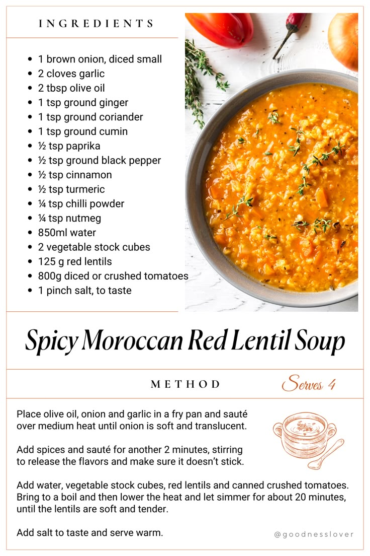 a recipe for spicy moroccan red lentil soup with ingredients in the bottom right corner