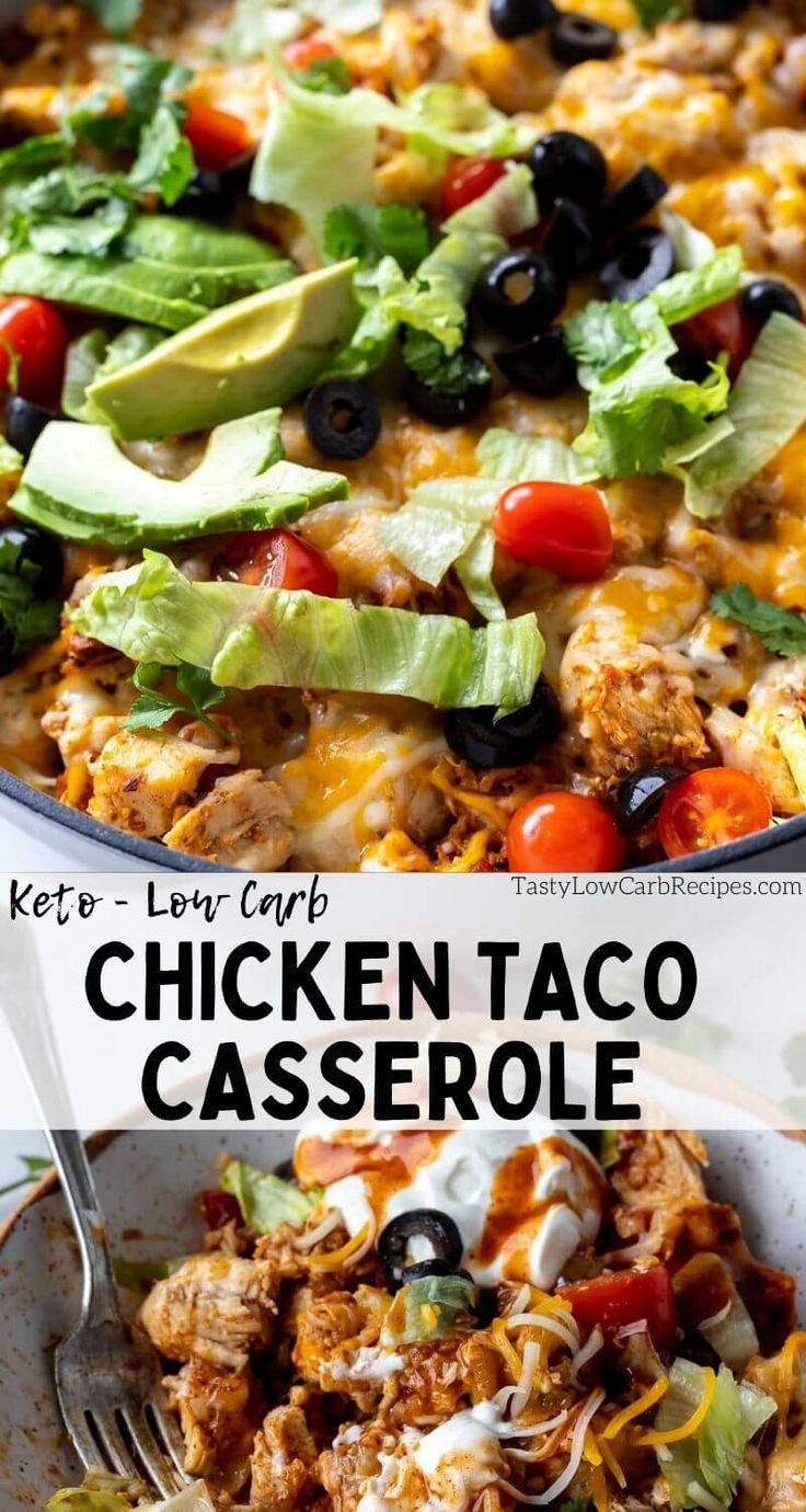 chicken taco casserole with lettuce, tomatoes and black olives