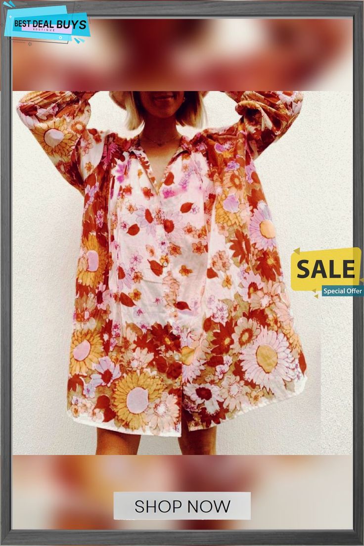 Floral Long Sleeve Shirt Chiffon Dress Flowy Button-up Summer Blouse, Spring Printed Button-up Dresses, Spring Chiffon Long Sleeve Blouse, Summer Feminine Chiffon Blouse, Long Sleeve Summer Daywear Dresses, Feminine Summer Chiffon Blouse, Feminine Chiffon Blouse For Summer, Long Sleeve Summer Day Dresses, Chiffon Beach Blouse For Fall