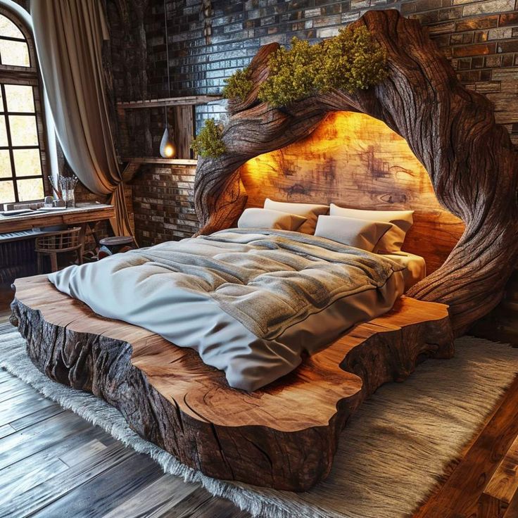 a bed made out of wood with pillows and blankets on it in a room that has brick walls