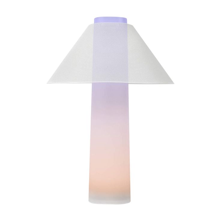 a table lamp with a white and blue shade on it's side, against a white background