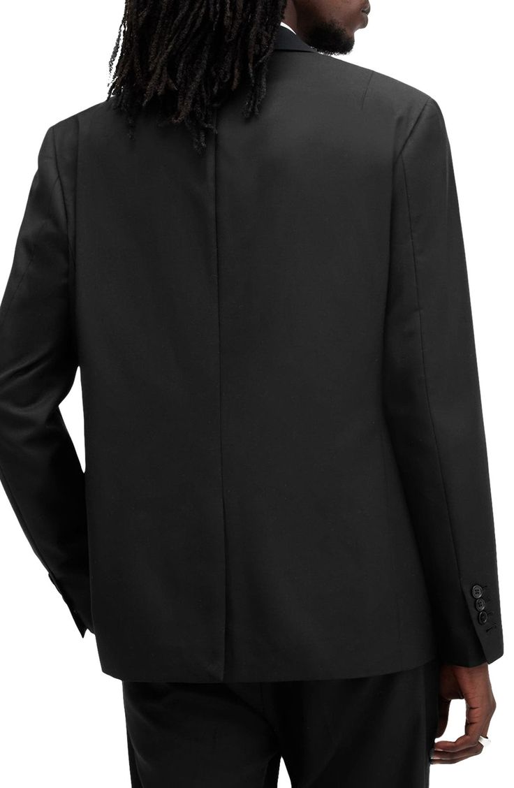 Peaked lapels clad in polished satin bring smart, traditional detailing to a tuxedo jacket that's cast in all black and styled to elevate any be-seen look. One-button closure Peaked lapels Four-button cuffs Chest welt pocket; front flap pockets Back vent Lined 55% polyester, 30% wool, 15% viscose Machine wash, tumble dry Imported Black Tuxedo Blazer With Concealed Placket, Notch Lapel Blazer For Black-tie Events In Fall, Black Tuxedo Style Sport Coat, Tailored Tuxedo With Lapel Collar For Fall, Classic Single Button Tuxedo For Fall, Tailored Fall Tuxedo With Lapel Collar, Black Tuxedo Sport Coat With Hidden Buttons, Tailored Outerwear For Black-tie Events In Fall, Business Tuxedo For Fall With Long Sleeves