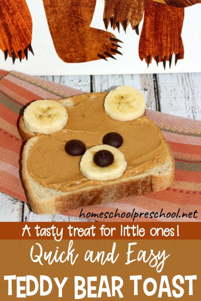 a toast with peanut butter, banana slices and chocolate chips in the shape of bears