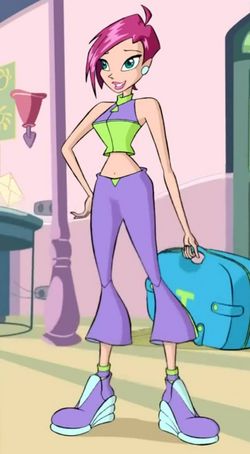 a cartoon girl with pink hair and purple pants standing in front of a blue suitcase