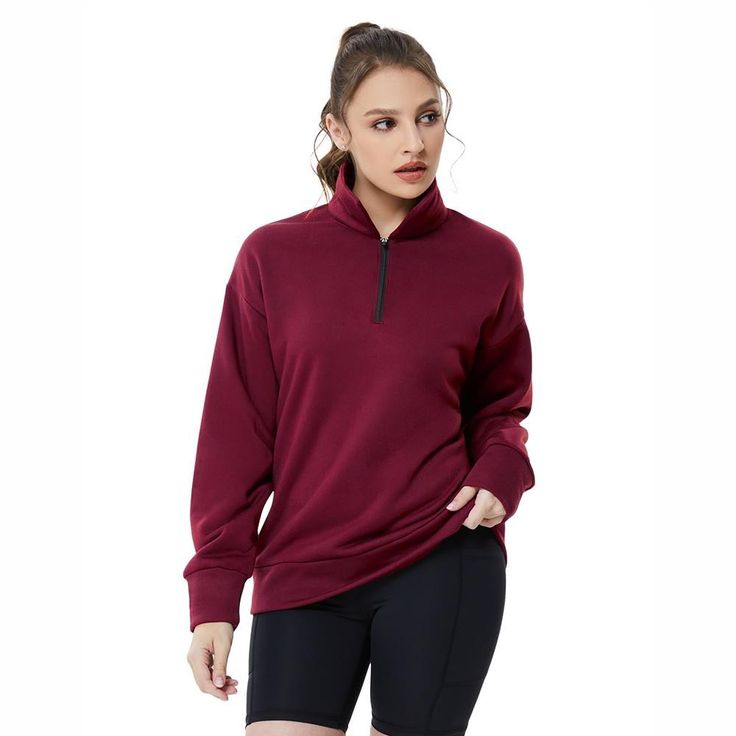 Stay cozy and stylish this fall and winter with our Cotton and Polyester blend half zip pullover for women. This oversized hoodie features a quarter zipper and drop shoulder collar for an effortlessly chic look. Perfect for fall and winter fashion, this long sleeve sweater is a versatile piece that can be easily styled with pants, jeans, or joggers. Whether you're heading to the office, a casual outing, or a workout session, this pullover sweatshirt will keep you warm and on-trend. Elevate your Winter Half-zip Sweatshirt For Loungewear, Sporty Half-zip Sweater, Half-zip Sweatshirt For Sports In Fall, Half-zip Sportswear Sweatshirt For Fall, Sporty Half-zip Sweatshirt For Winter, Winter Sporty Half-zip Sweatshirt, Winter Half-zip Sportswear Sweatshirt, Oversized Half-zip Athleisure Top, Winter Sportswear Half-zip Sweatshirt