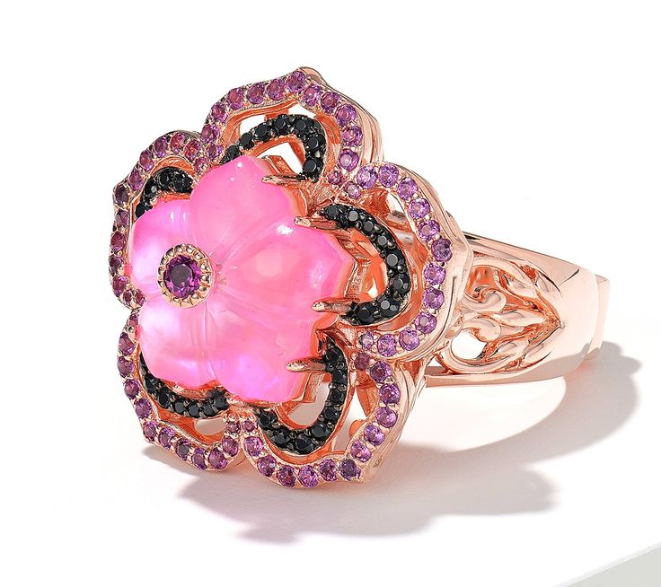 Embrace the exquisite beauty of this Dallas Prince doublet ring. Featuring a stunning carved flower design surrounded by gemstones, this piece brings a springtime vibe to your wardrobe year round. From Dallas Prince. Pink Kitchen Inspiration, Pink Cups, Gorgeous Jewelry, Flower Ring, Ring Sterling Silver, Flower Design, Spring Time, Flower Designs, Sterling Silver Rings