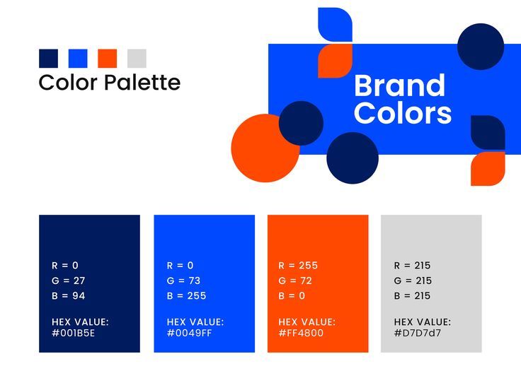 the brand colors are shown in blue, orange and greys with different font styles