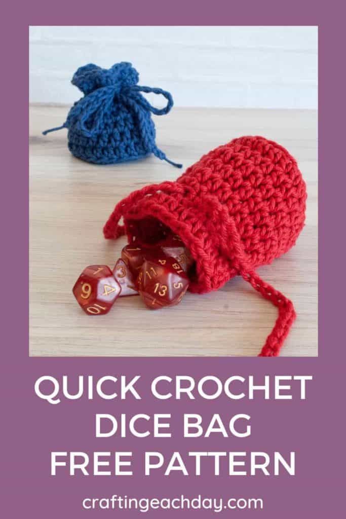 two crocheted dice bags with the text quick crochet dice bag free pattern