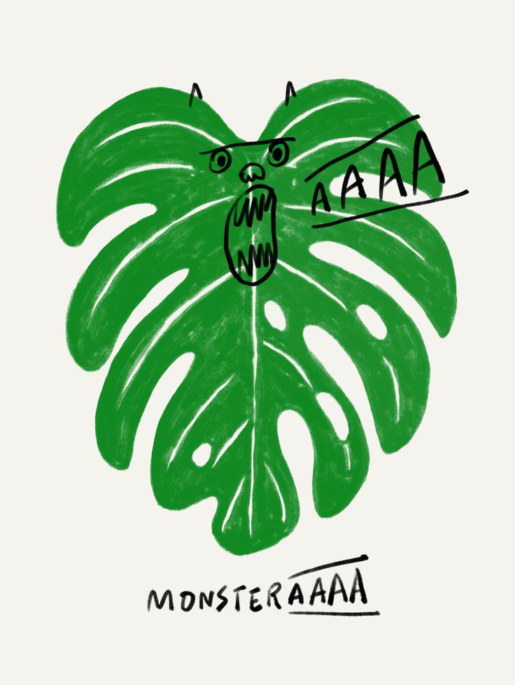 a drawing of a monster on top of a green leaf with the word'monsteraaa'written above it