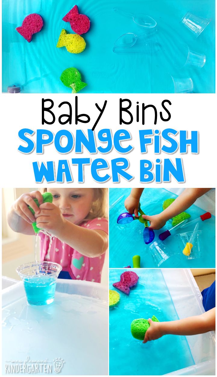 a collage of images showing how to make sponge fish water bins for babies and toddlers