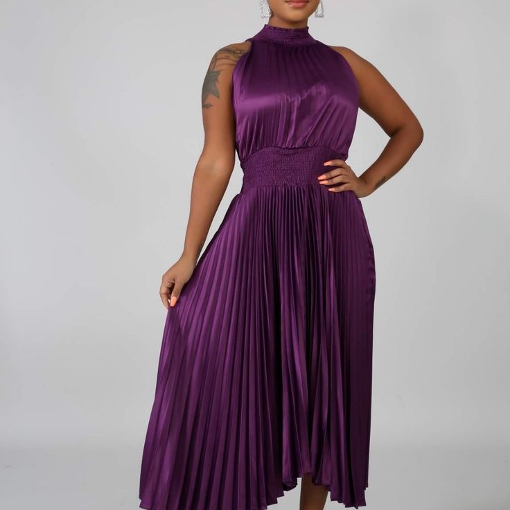 Pleated Dress Elegant Purple Sleeveless Evening Dress, Purple Pleated Maxi Dress, Party Dresses With Pleated Waist In Maxi Length, Pleated Maxi Sleeveless Party Dress, Elegant Purple Stretch Midi Dress, Elegant Stretch Purple Midi Dress, Spring Evening Sleeveless Dress With Pleated Waist, Chic Sleeveless Dress With Pleated Bodice For Party, Chic Sleeveless Party Dress With Pleated Bodice