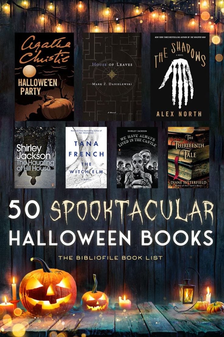 the cover of 50 spooktacular halloween books, with pumpkins and candles