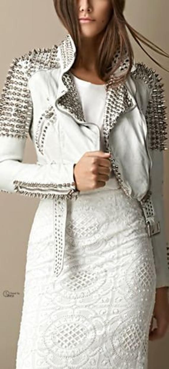 #Handcrafted #Women #Silver #Long #Studded #Genuine #Leather #Jacket #Spiked #Stud #placed  #Belted #Biker #Brando #Fashion #Party #White #Leather Spiked Leather Jacket, Haine Diy, Studded Leather Jacket, White Leather Jacket, Rocker Girl, Biker Men, White Studs, Studded Jacket, Looks Street Style