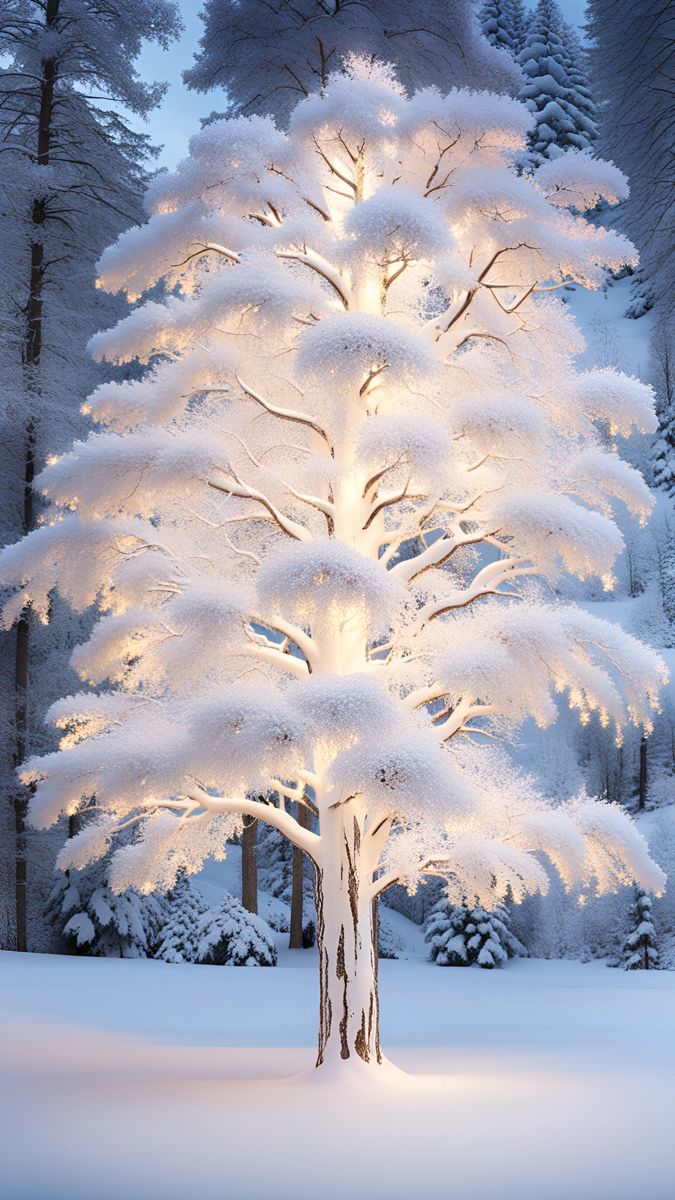 a large white tree in the middle of a snowy forest with lights on it's branches