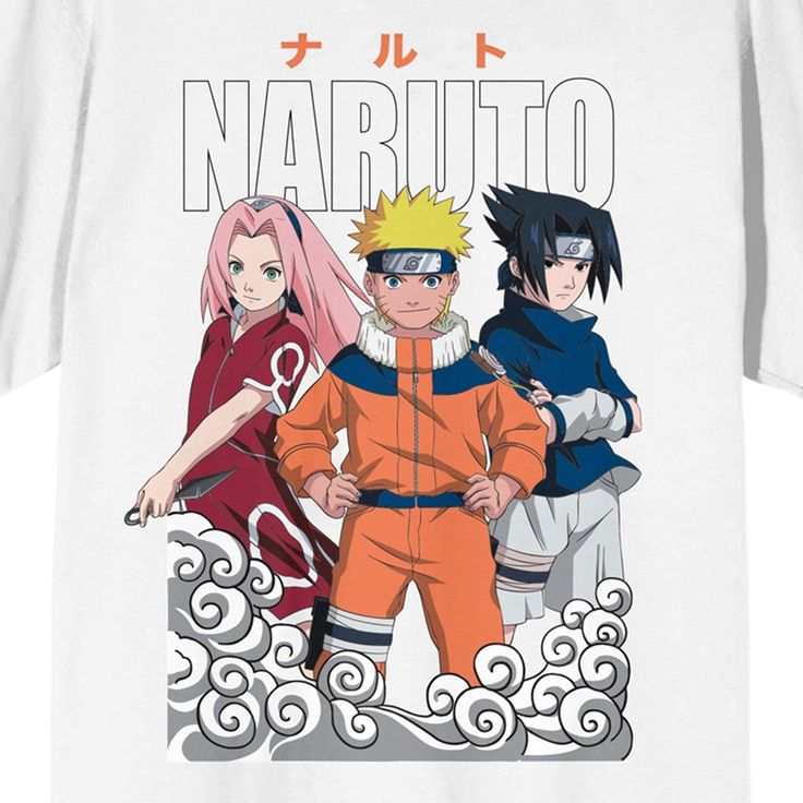 Dress in shinobi style with this Naruto Classic tee. The shirt features an image of Sakura, Naruto, and Sasuke standing on a white cloud while white letters above spell out the series logo. Orange kanji letters appear above the image. The tee comes in a white short sleeve crew neck. Fans of the classic Naruto anime series will love this comfy cotton tee. White Anime T-shirt With Sublimation Print, White Anime Print T-shirt For Fans, White Anime Style Top With Cartoon Print, White Anime Style Tops For Streetwear, White Anime Style Top With Front Print, White Cotton Anime T-shirt, White Anime T-shirt With Character Print, White Anime Crew Neck T-shirt, White Anime Style Top With Sublimation Print