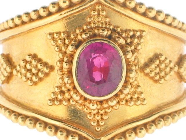 Etruscan styled opulence in high karat yellow gold with fine beaded detail along the outside of the band and in diamond formations surrounding a center oval-cut cherry red Burma ruby. Jewellery Marketing, Ruby Ring, Cherry Red, 22k Gold, Oval Cut, Ruby, Cherry, Ring Size, Gems