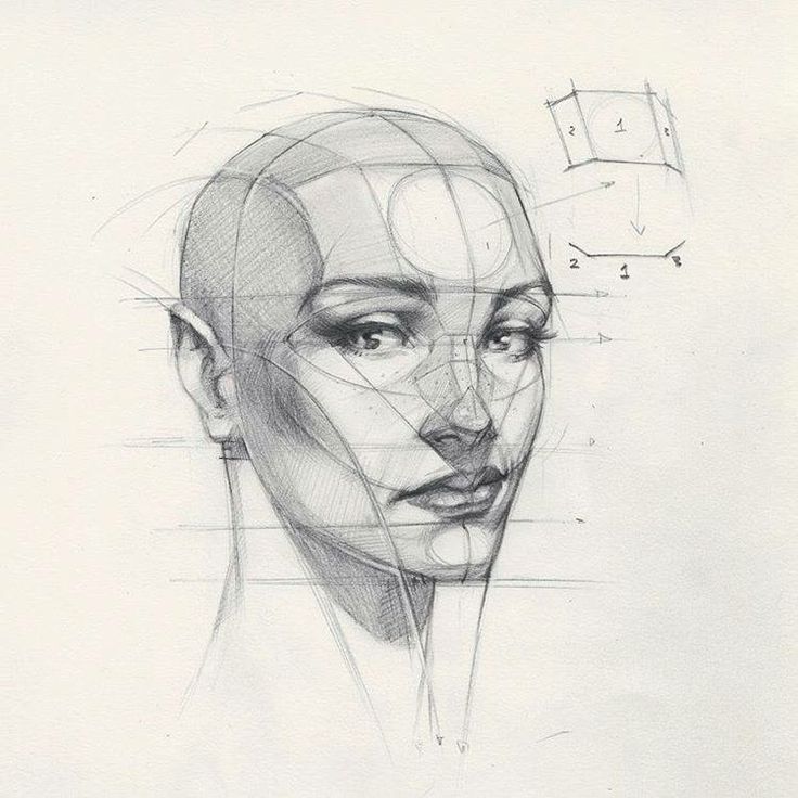 a drawing of a woman's face with lines and shapes over her head,