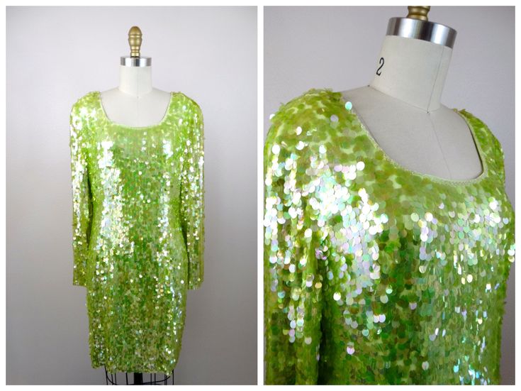 "This is a stunning sequined party dress from Black Tie Oleg Cassini! It's fully embellished with bright lime green pailette sequins and in excellent condition! Bust - 40\" Waist - 32\" Hips - 42\" Length - 36\" Tag Size - 14 (please refer to measurements) This dress comes from a pet-free and smoke-free home. If you would like more info or have any questions, please don't hesitate to ask!" Spring Contrast Sequin Fabric For Cocktail, Glamorous Green Sequin Fabric For Summer, Fitted Green Sequin Dress With Contrast Sequins, Glamorous Green Sequin Cocktail Dress, Glamorous Green Sequin Dress For Cocktail, Fitted Green Sequin Dress With Contrast, Green Cocktail Sequin Dress With Contrast Sequins, Green Sequin Cocktail Dress For Holidays, Green Embellished Sequin Dress For Night Out