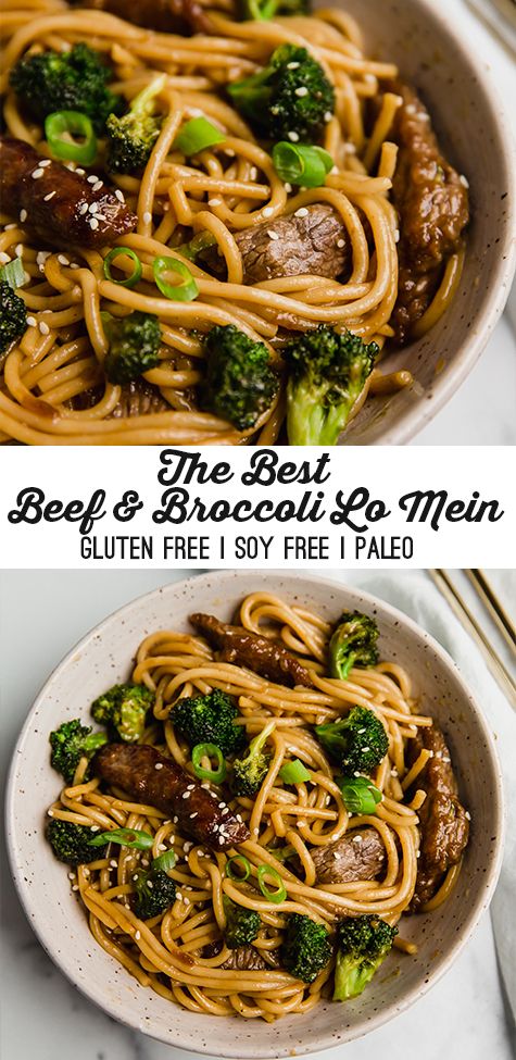 two pictures of beef and broccoli spaghetti