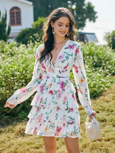 Blooming Beauty: Ladies Long Sleeve Floral Print Dress Feminine Long Sleeve Mini Dress For Summer, Chic Long Sleeve Floral Dress For Summer, Long Sleeve Chiffon Dress For Brunch, Chic Long Sleeve Chiffon Dress, Summer Floral Print Long Sleeve Mini Dress, Elegant Spring Floral Print Dress, Elegant Floral Print Dress For Spring, Elegant Floral Print Dress For Day Out, Feminine Fall Floral Dress For Garden Party