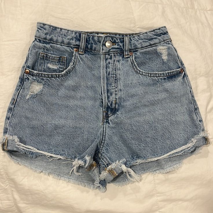 Women’s Denim Shorts From H&M Size: 2 Color: Washed Blue Denim; Distressed Brand: H&M Button Fly. 5 Pockets. Short, Raw Edge. High-Waisted. Never Worn. H&m Medium Wash Denim Jeans, H&m Denim Blue Jeans, H&m High Waist Denim Blue Jeans, H&m High Rise Medium Wash Jeans, H&m High Waist Jeans With Pockets, H&m High Rise Dark Wash Jeans, H&m High Waist Denim Jeans, H&m High-rise Dark Wash Jeans, Trendy Mid-rise Jeans By H&m