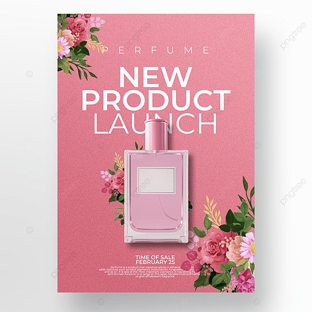 the perfume advertises new product launch with pink flowers and greenery on it