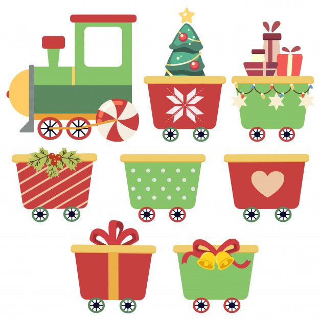 a set of christmas train cliparts with presents and gifts on the wheels,