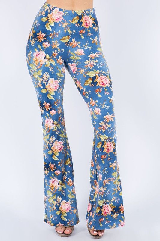 Bear Dance Floral roses soft skinny flared legging bell bottom pants. Elastic waistband. Everybody loves a comfy pair of skinny pants, so cute, goes with almost anything. Brushed fabric. And how about those beautiful roses?! 🌹Color: Blue MultiSizes: S-M-L Waist 26-28-30, (stretch 4") Length long 33-34 95% Polyester, 5% Spandex, hand wash cold, imported OF1-2/P2484 Printed Bell Bottoms, Bell Bottom Leggings, Printed Flare Pants, Velvet Flares, Western Graphic Tees, Pink House, Fun Pants, Floral Denim, Fringe Jacket