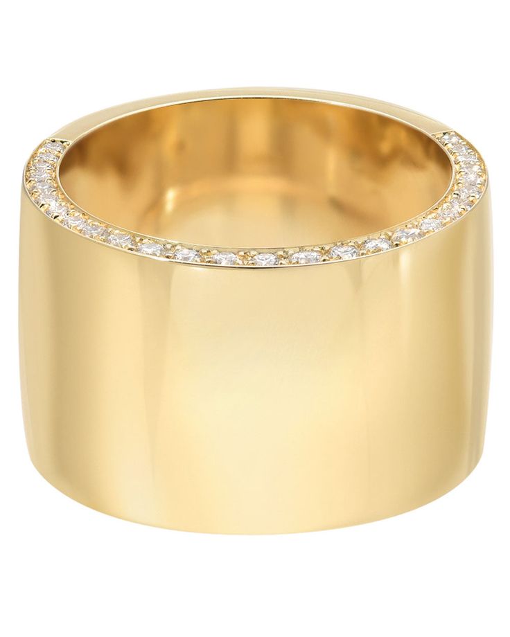 DRU. Yellow Gold Diamond Cigar Ring Band 14k yellow gold 0.62 ct. white diamonds Diamond embellished edge Cigar band style 0.5” wide Size 6.5 Gold Diamond Thick Band Ring, Gold Thick Band Diamond Ring With Single Cut Diamonds, Gold Diamond Wide Band Ring, Luxury Wide Band Yellow Gold Ring, Luxury Wide Band Diamond Ring, Yellow Gold Diamond Ring With Thick Band, Gold Wide Band Diamond Ring With Single Cut Diamonds, Wide Band Diamond Ring With Brilliant Cut, Diamond Wide Band Ring Fine Jewelry