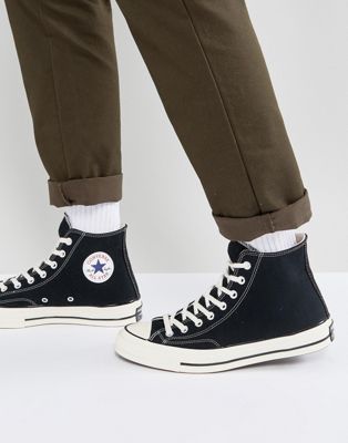 Converse Chuck Taylor All Star '70 Hi plimsolls in black 142334c Chuck Taylors Outfit, Sandals Nike, Stylish Running Shoes, Sneakers Outfit Men, Black Chucks, Tenis Vans, Day Fashion, Black Converse, Outfits With Converse