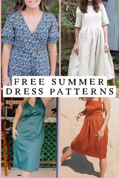 four different types of dresses with the words free summer dress patterns on them in white and blue