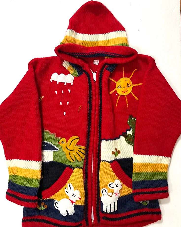 Material : wool Embroidery with animals designs Handmade by Peruvian Artisans Size 6 length 15 inches x 12 inches Handmade Casual Red Outerwear, Traditional Wool Sweater For Fall, Handmade Cotton Sweater For Winter, Winter Sweater With Multicolor Embroidery And Long Sleeves, Handmade Red Patterns For Winter, Handmade Cotton Winter Sweater, Traditional Red Cardigan For Winter, Casual Red Handmade Outerwear, Handmade Wool Sweater With Long Sleeves